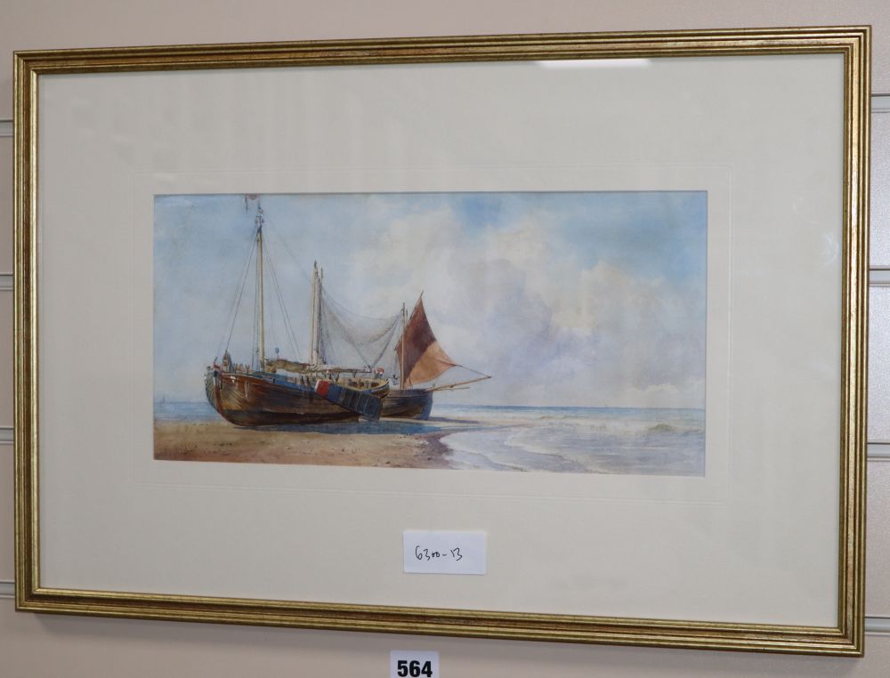 John Mogford (1821-1885), watercolour, Dutch Pinks and Whitby Lugger, signed, 16.5 x 34.5cm